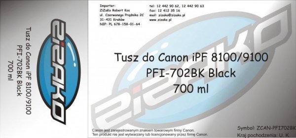 Tusz zamiennik Yvesso PFI-702BK Black 700ml do Canon iPF8100 iPF9100 CF2220B001AA