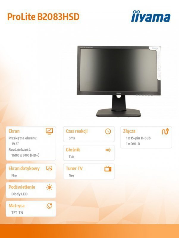 IIYAMA Monitor 19.5 B2083HSD-B1 DVI-D^DSUB^GŁOŚNIKI^PIVOT