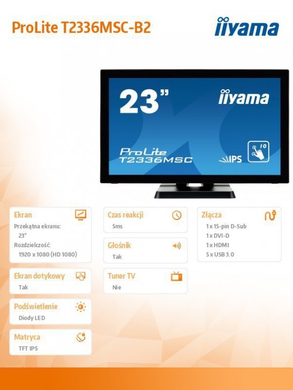 IIYAMA Monitor 23 T2336MSC-B2  IPS,10p P-Cap,HDMI,USB HUB,BezelFree