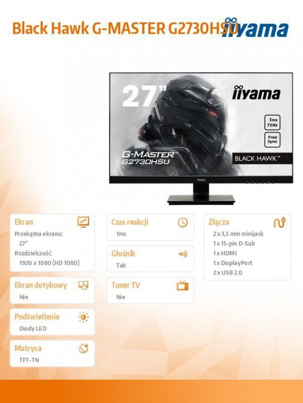 IIYAMA Monitor 27 G2730HSU-B1 TN,FHD 75Hz,HDMI,DP,USB, 1MS,
