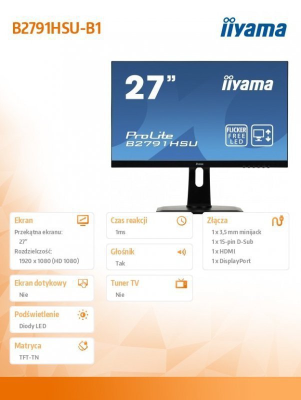 IIYAMA Monitor 27 B2791HSU-B1 TN,FHD,75Hz,HDMI,DP,USB