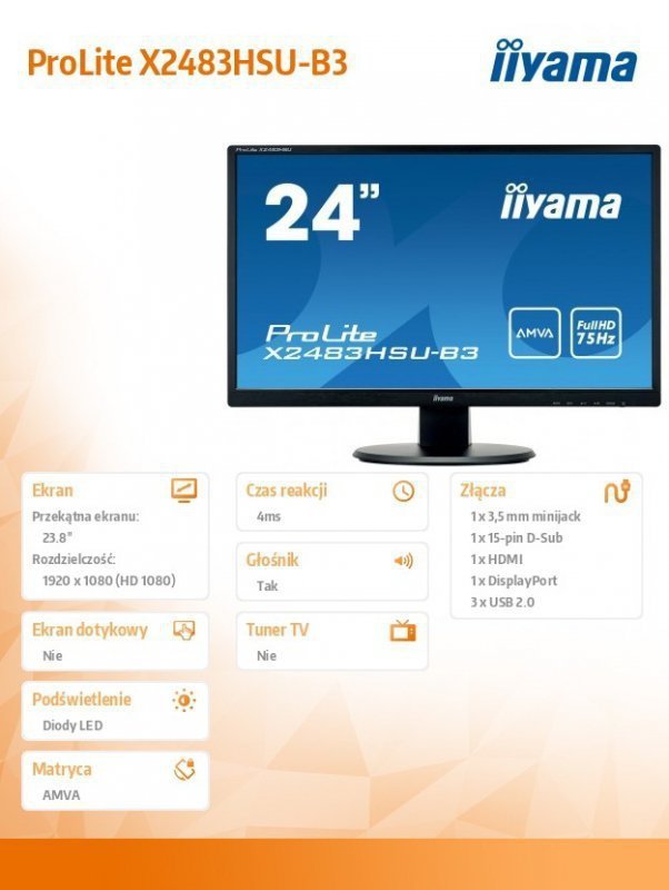 IIYAMA Monitor 23.8 ProLite X2483HSU-B3 AMVA,HDMI,USB,DP,2x2W