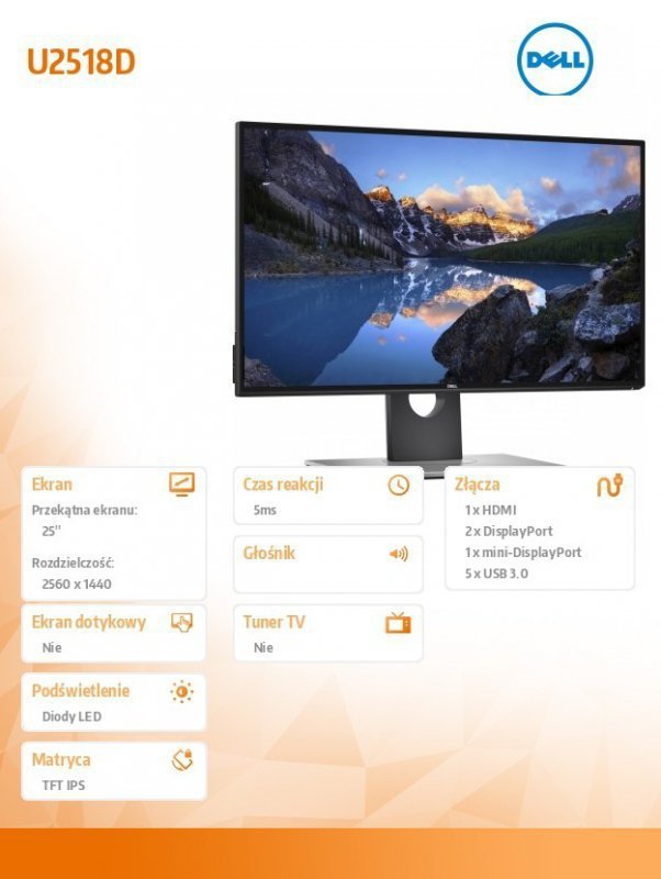 Dell Monitor U2518D 25 cali InfinityEdge HDR QHD (2560x1440) ^16:9^HDMI(2.0)^DP(1.2)^DP(MST)^mDP(1.2)^5xUSB 3.0^5Y PPG