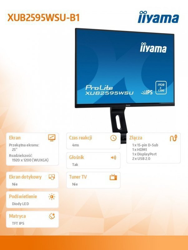 IIYAMA Monitor 25 XUB2595WSU-B1 IPS.PIVOT.16:10.USB.DP.