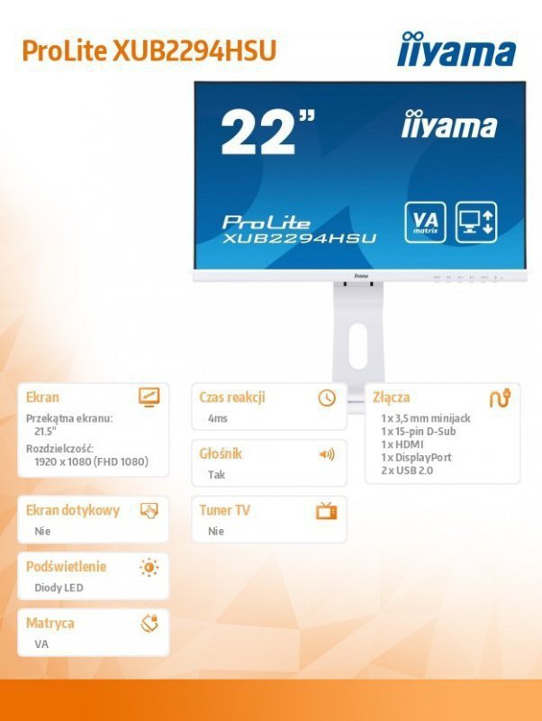 IIYAMA Monitor 21,5 XUB2294HSU- VA,FLHD,HDMI,DP,VGA,USB