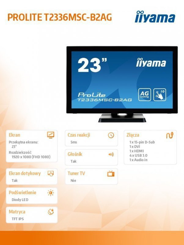 IIYAMA Monitor 23cale T2336MSC-B2AG IPS^10P^HDMI^USB^GLOS^AG