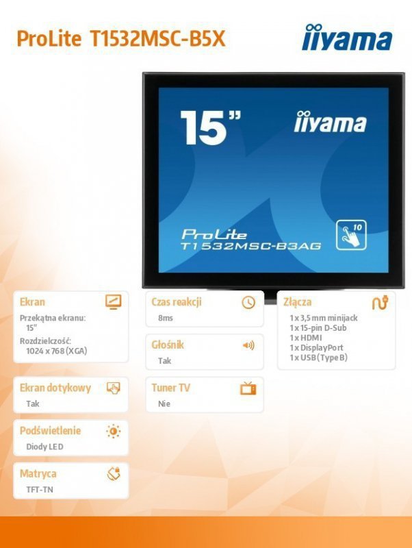 IIYAMA Monitor 15 T1532MSC-B5X pojemnościowy 10pkt IP54 HDMI DP