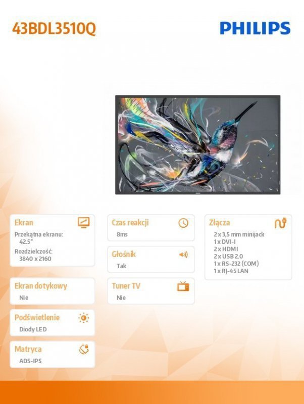 Philips Monitor wielkoformatowy 42.5 cala 43BDL3510Q Public Display