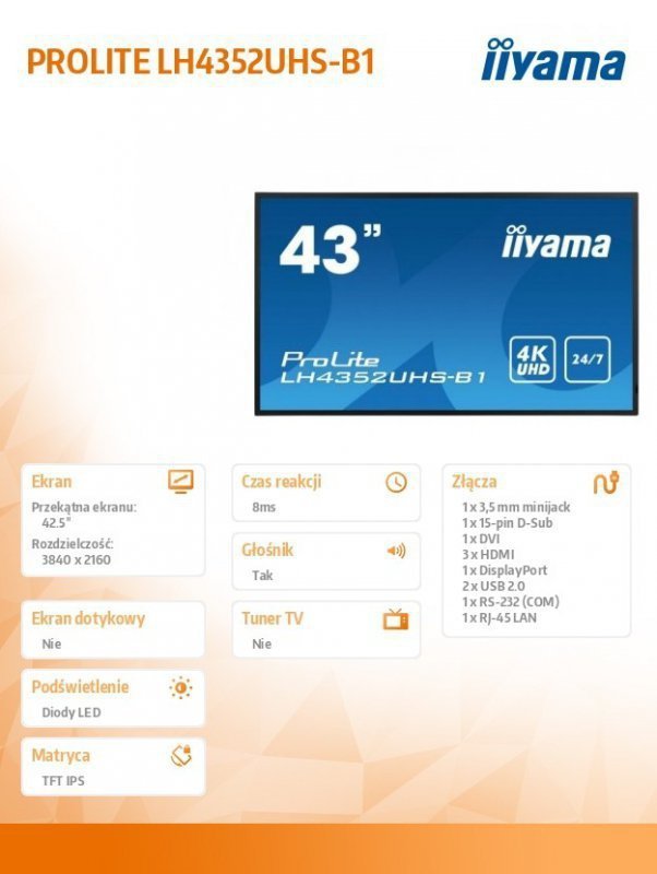 IIYAMA Monitor wielkoformatowy 42.5 cala LH4352UHS-B1 4K,24^7,SDM,IPS,ANDROID,500cd,DaisyChain