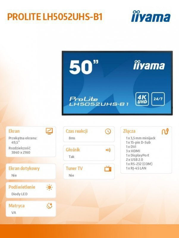 IIYAMA Monitor wielkoformatowy 49.5 cala LH5052UHS-B1 4K,24^7,SDM,IPS,ANDROID,500cd,DaisyChain