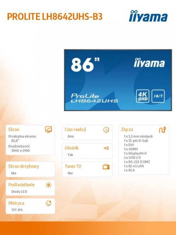IIYAMA Monitor wielkoformatowy 85.6 cali LH8642UHS-B3 4K,18^7,SDM,IPS,LAN,PION,500cd^m2,OS8.0