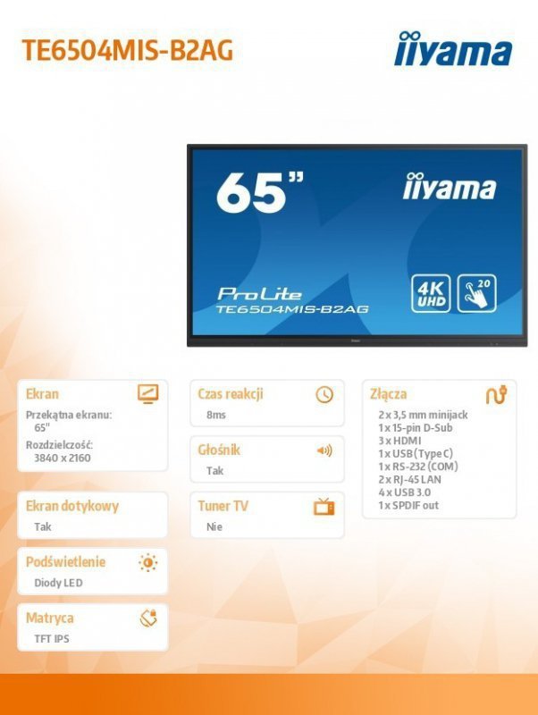 IIYAMA Monitor 65 cali TE6504MIS-B2AG PureTouch-IR,IPS,24^7,4K,USB-C,7H,S.PC