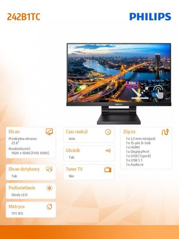 Philips Monitor 23.8 cali 242B1TC IPS Touch HDMI DP