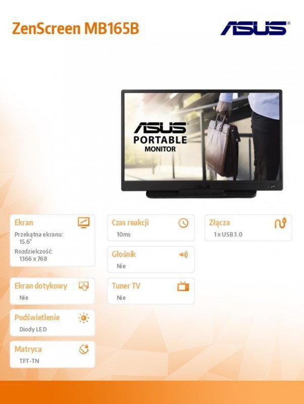 Asus Monitor 15.6 cala MB165B 0.78 kg USB 3.0