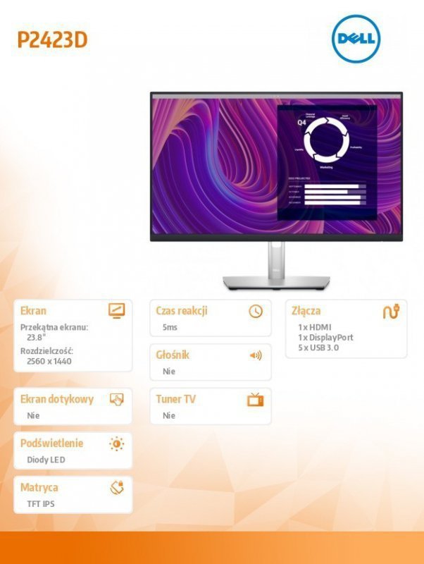 Dell Monitor P2423D 23.8 cali IPS LED QHD (2560x1440)^16:9^HDMI^DP^5xUSB 3.2^3Y AES