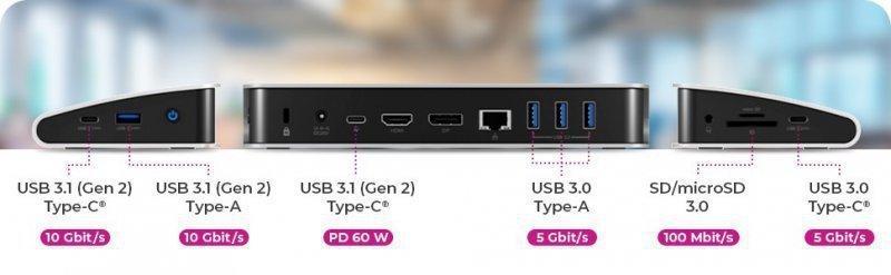 IcyBox Stacja dokująca IB-DK2408-C 11w1,HDMI,LAN,6xUSB,K-Lock,Headset,czytnik  kart,DisplayPort