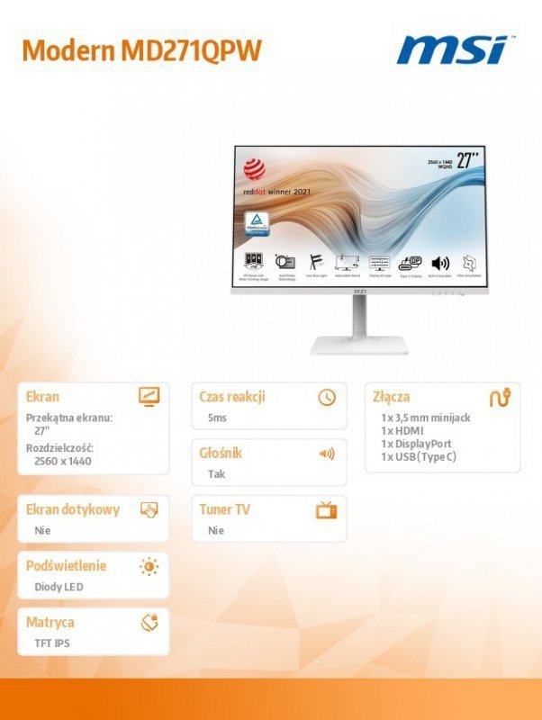 MSI Monitor 27 cali Modern MD271QPW FLAT^LED^WQHD^NonTouch^75Hz^biały