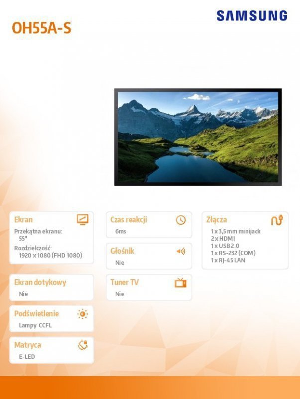 Samsung Monitor profesjonalny OH55A-S 55 cali błyszczący 24h^7 3500cd^m2 S7 Player (Tizen 5.0) 3 lata On-Site (LH55OHAESGBXEN)
