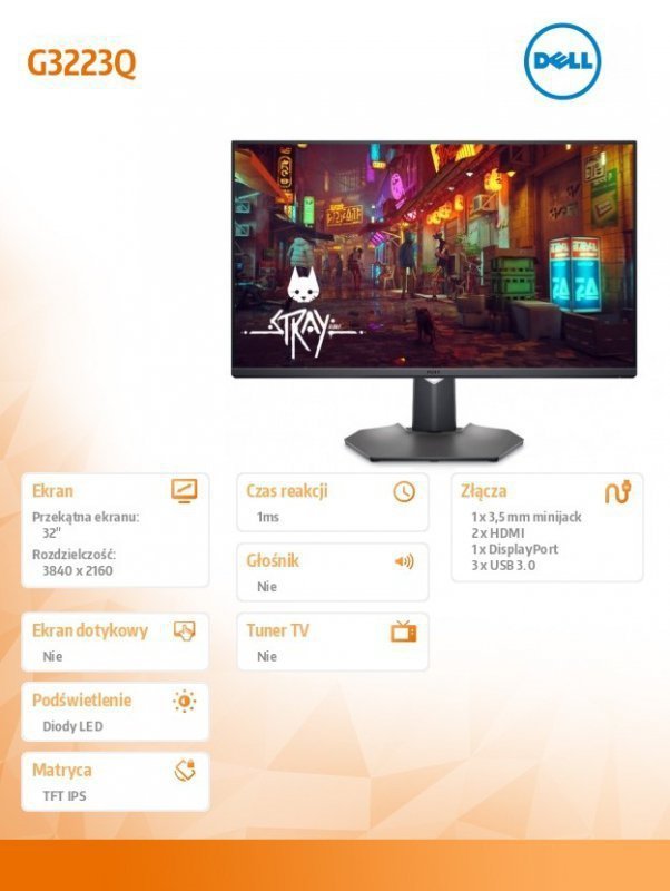 Dell Monitor G3223Q 32 cali FreeSync 144Hz IPS LED 4K (3840x2160)^16:9^DP^2xHDMI^USB-B^USB^3Y AES&PPE
