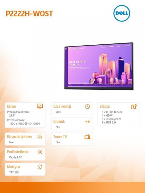 Dell Monitor P2222H-WOST 21.5 cali IPS LED Full HD (1920x1080) ^16:9^HDMI^DP^VGA^5xUSB 3.0^No Stand^3Y PPG