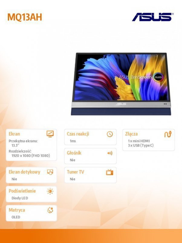 Asus Monitor 13,3 cali MQ13AH GR^1MS^EU^HDMI+3xTYPE-C