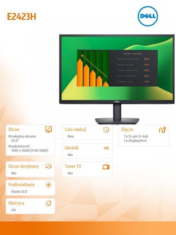 Dell Monitor E2423H 23.8 cali VA LED Full HD (1920x1080) ^16:9^VGA^DP^3Y AES