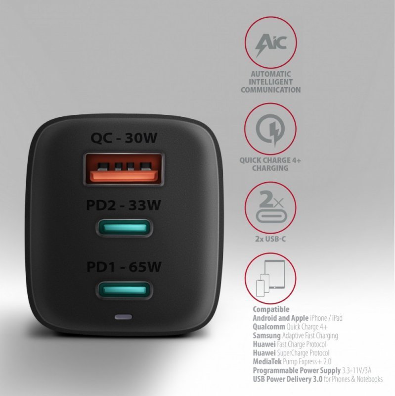 AXAGON ACU-DPQ65 Ładowarka sieciowa, GaN 65W, 3x port (USB-A + dual USB-C), PD3.0^QC4+^PPS^Apple, czarna
