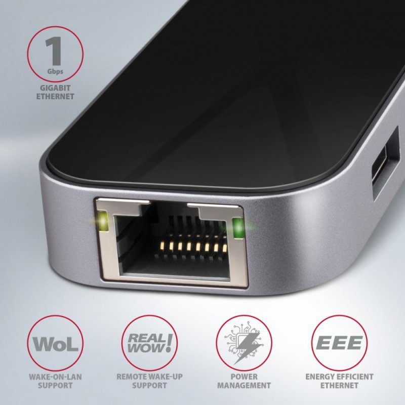 AXAGON HMC-6GL Wieloportowy hub USB 6in1, 5Gbps, 3x USB-A, HDMI 4K^30Hz, GLAN, PD 100W, 20cm USB-C kabel