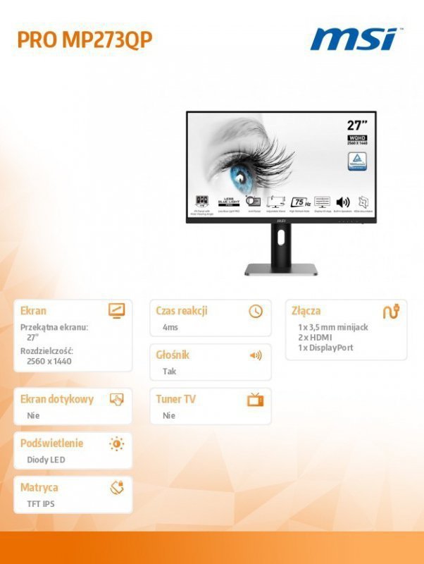 MSI Monitor 27 cali PRO MP273QP FLAT^IPS^WQHD^75Hz^4ms