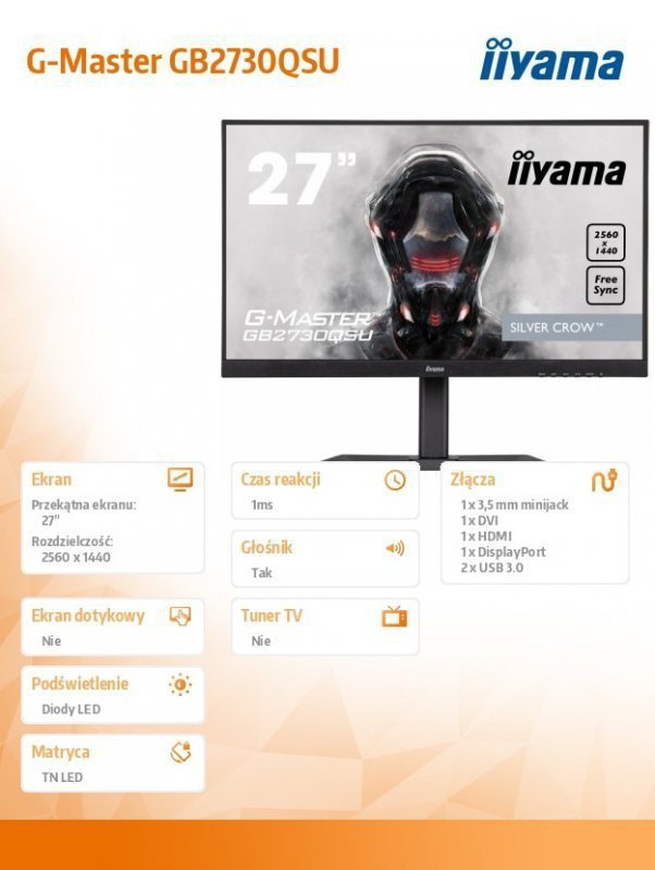 IIYAMA Monitor 27 cali GB2730QSU-B5 WQHD,HDMI,DP,DVI,USB3.0,75Hz,HAS(150mm)