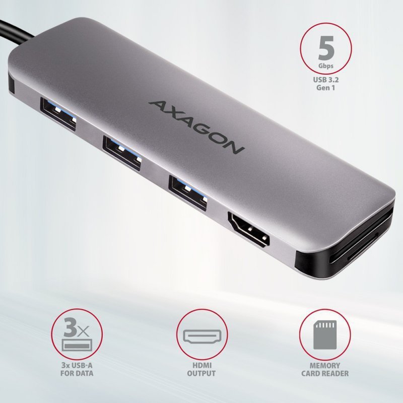 AXAGON HMC-HCR3A Wieloportowy hub 3x USB-A + HDMI + SD^microSD, USB-C 3.2 Gen1, 20cm USB-C kabel