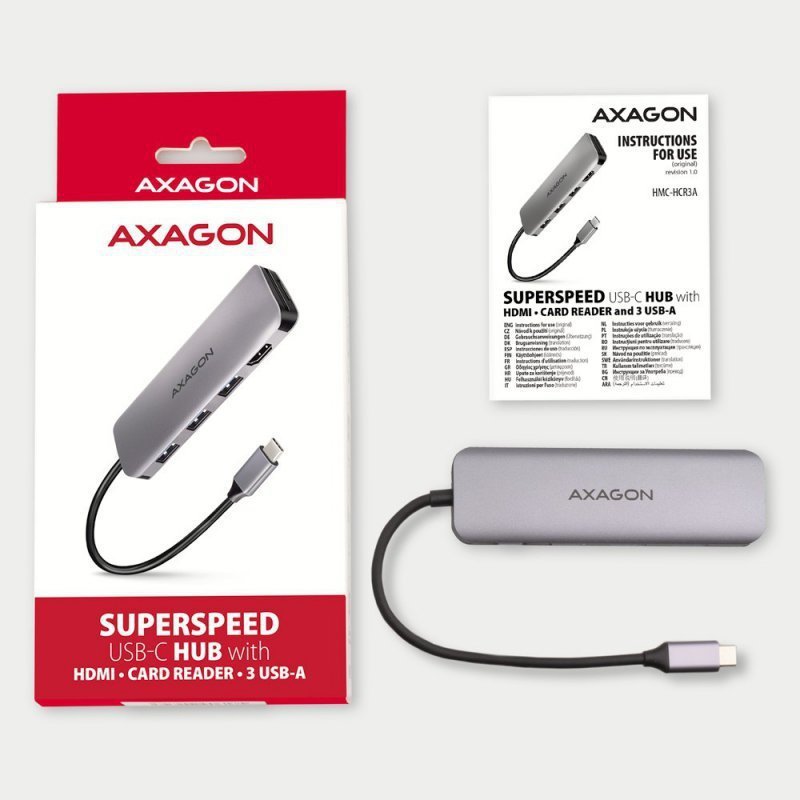 AXAGON HMC-HCR3A Wieloportowy hub 3x USB-A + HDMI + SD^microSD, USB-C 3.2 Gen1, 20cm USB-C kabel