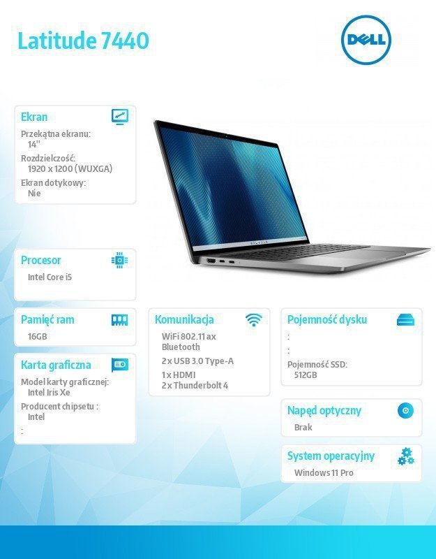 Dell Notebook Latitude 7440 Win11Pro i5-1345U^16GB^512GB SSD^14.0 FHD^Intel Iris Xe^ThBlt&FgrPr&SmtCd^FHD^IRCam^Mic^WLAN+BT^Back
