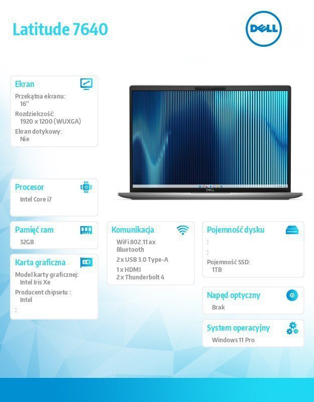 Dell Notebook Latitude 7640 Win11Pro i7-1365U^32GB^1TB SSD^16.0 FHD^Intel Iris Xe^ThBlt & FgrPr & SmtCd^FHD^IR Cam^Mic^WLAN + BT