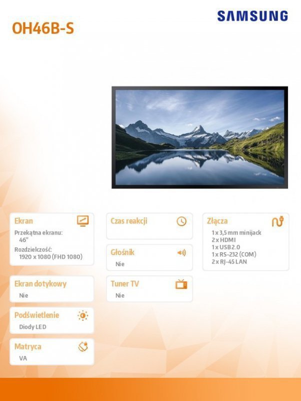 Samsung Monitor profesjonalny OH46B-S 46 cali Błyszczący 24h^7 3500(cd^m2) 3840x2160 (UHD) S7 Player (Tizen 6.5) 3 lata On-Site