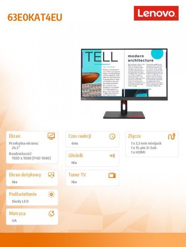Lenovo Monitor 24.5 cala ThinkVision S25e-30 WLED LCD 63E0KAT4EU