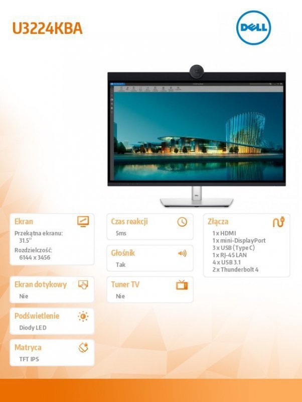 Dell Monitor U3224KBA 31,5" IPS Black LED 6K 6144x3456^16:9^HDMI^miniDP^USB-C^USB^Thunderbolt^Kamera^Speakers^Mikrofon^3Y