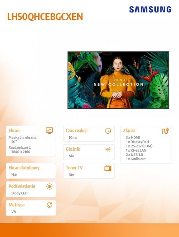 Samsung Monitor profesjonalny QH50C 50 cali Matowy 24h^7 700(cd^m2) 3840 x 2160 (UHD) S10 Player (Tizen 7) WiFi^BT 3 lata On-Sit