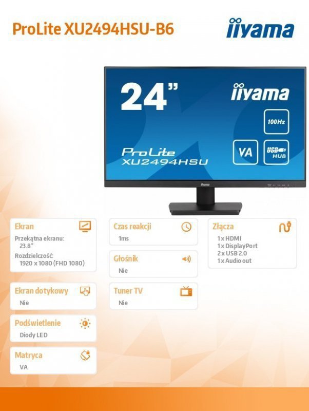 IIYAMA Monitor  23.8 cala ProLite XU2494HSU-B6 VA,FHD,HDMI,DP,100Hz,USBx2,SLIM