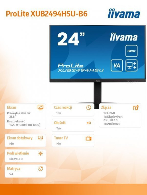IIYAMA Monitor 23.8 cala XUB2494HSU-B6 VA,FHD,HDMI,DP,100Hz,2xUSB,HAS(150mm)