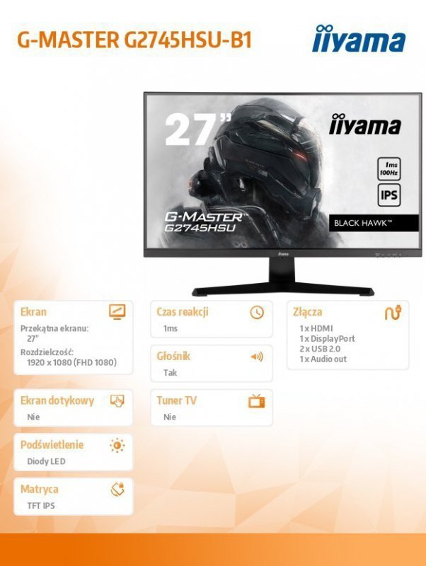 IIYAMA Monitor G-Master G2745HSU-B1 27 cali G2745HSU-B1 IPS,FHD,100Hz,1ms,2xUSB,2x2W,FreeSync