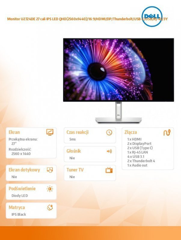 Dell Monitor U2724DE 27 cali IPS LED QHD(2560x1440)^16:9^HDMI^DP^Thunderbolt^USB-C^USB^RJ-45^3Y