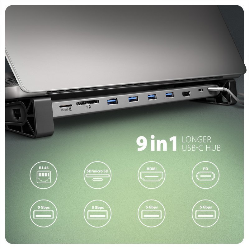 AXAGON HMC-10HLS Wieloportowy hub USB 9in1, 5Gbps, 4x USB-A, HDMI 4K^60Hz, GLAN, SD^microSD, PD 100W, 25cm USB-C kabel