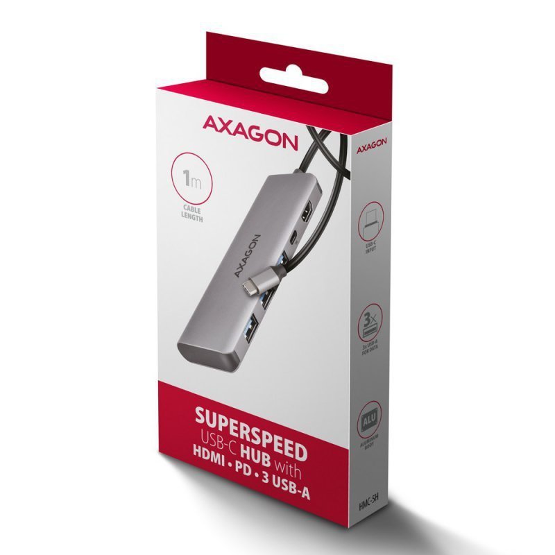 AXAGON HMC-5H Wieloportowy hub USB 5in1, 5Gbps, 3x USB-A, HDMI 4K^30Hz, PD 100W, 100cm USB-C kabel