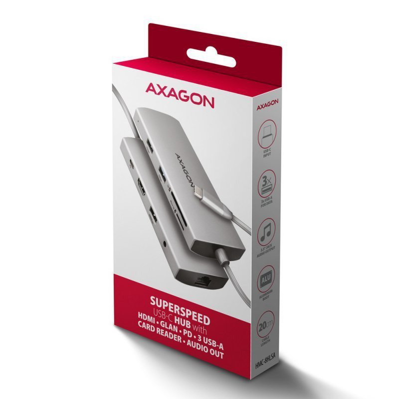 AXAGON HMC-8HLSA Wieloportowy hub USB 9in1, 5Gbps, 3x USB-A + HDMI 4K^30Hz, SD^microSD, GLAN, Audio, PD 100W, 20cm USB-C kabel