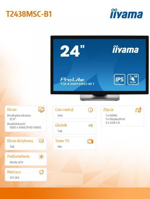 IIYAMA Monitor 24 cale T2438MSC-B1 IPS,FHD,DP,HDMI,2x2W,2xUSB,600(cd^m2),   10pkt.7H,IP1X(FRONT),PION^POZIOM