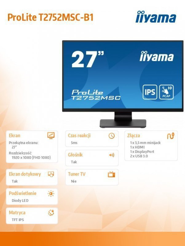 IIYAMA Monitor 27 cali T2752MSC-B1 10 PKT. POJ,IPS,HDMI,DP,2x2USB(3.2),2x1W400cd^m2,7H,