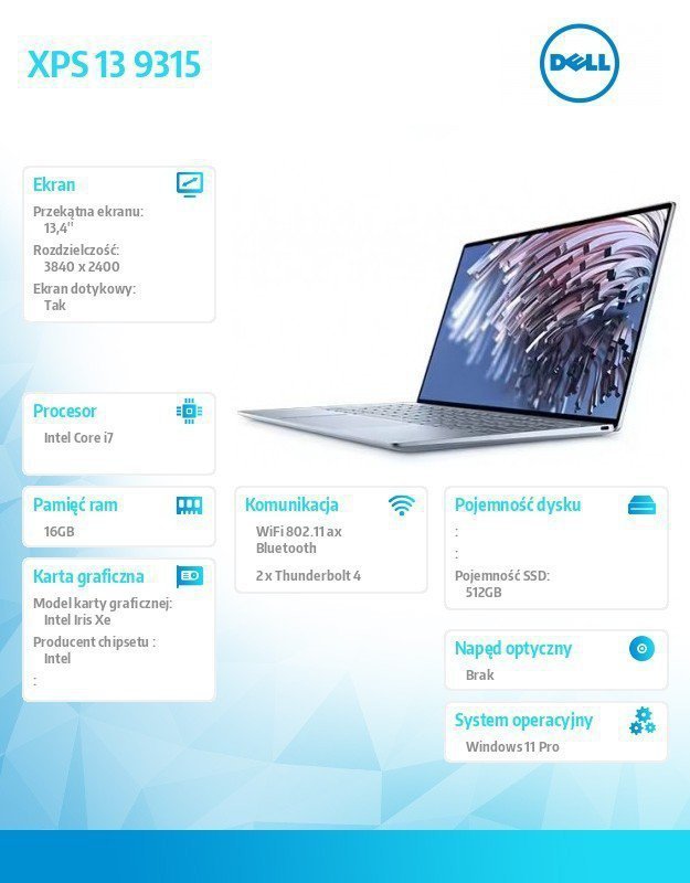 Dell Notebook XPS 13 9315^Core i7-1250U^16GB^512GB SSD^13.4 UHD Touch^Intel Iris Xe^WLAN + BT^Backlit Kb^3 Cell^W11Pro^3Y Basic