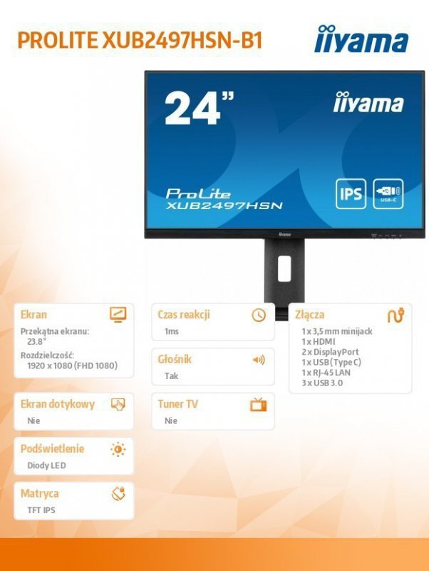 IIYAMA Monitor 24 cale XUB2497HSN-B1 IPS,USB-C Dock,HDMI,DP ^5y^