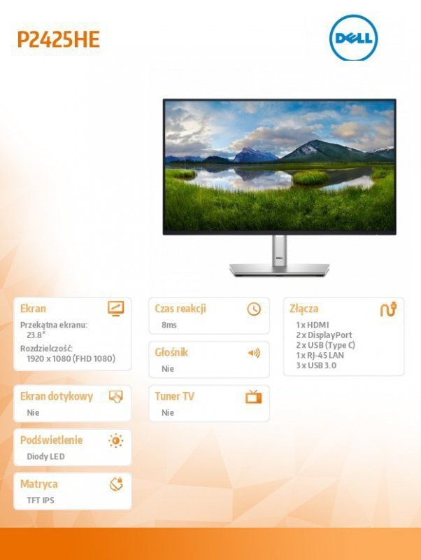 Dell Monitor 24 cale P2425HE LED IPS 1920x1080^16:9^USBC^RJ45^HDMI^DP^USB^3Y